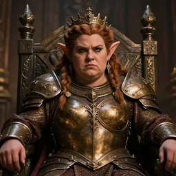 portrait, chubby female dwarf queen, bronze dwarven breastplate, complex braided hair, regal and proud robust woman, bold serious expression, big nose style by jeff easley, wayne reynolds, jeff easley dramatic light, high detail, cinematic lighting, artstation, dungeons and dragons, throne room,