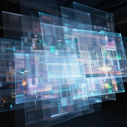 large layers of overlapping translucent cyberscreens projecting beautiful varied reference sheets, floating translucent graphics, perfect lighting pixel sorting