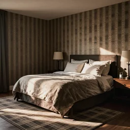 bedroom with wallpaper and carpet made of plaid