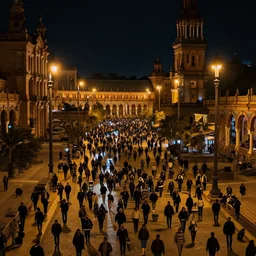 seville street at night, crowded, street lights everywhere, 8K, trending on artstation, golden ratio, rule of thirds, low key, establishing shot, extremely high detail, concept art