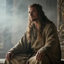 cinematic close up of a druid man sitting in his temple, light mist