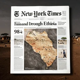1 9 8 4 famine and drought in ethiopia, in the cover of new york times, wide - angle, dark, moody, 8 k