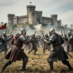 scene of a dramatic battle between two medieval armies, castle in the back drop, ancient war, siege n - 6