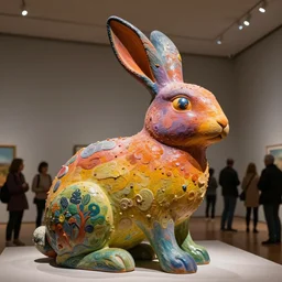 stunning colorful intriguing polished painted massive clay sculpture of a mythic rabbit animal by beth cavener in a museum. painted color gradient fading. sub scattering. eyes specular highlight. with help of ellen jewett, beth cavener, sayaka ganz, edouard martinet, john o'reilly and judith klausner