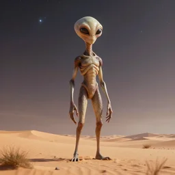 a giant alien standing in a desert, first there must be death. a lonely being awaits there, separated from purpose or meaning, until the time is right for it to take its place among the pale stars, visually stunning, cinematic, highly detailed, blender 3 d, trending on cgsociety, 3 d render, rendered in octane