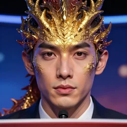 highly detailed picture of great dragon news anchor talking head. perfectly symmetrical face, highly detailed, masterpiece, trending on artstation, golden ratio, cinematic romantic magical, perfect intricate. art in cyberpunk style by vincent di fate.