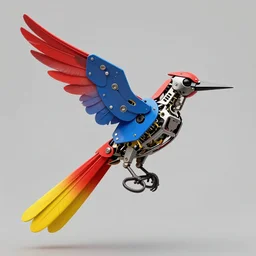 photo of mechanical bird, red airbrush on yellow tail saw, blue iron plates for feathers, black scissor for beak, dark scissor blades for skull, digital art, photorealistic, 4 k