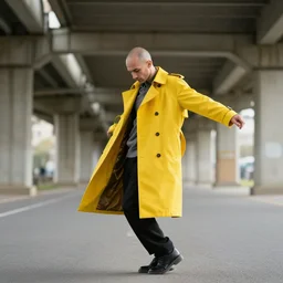 balded man with a yellow trenchcoat dance under a bridge, vibrant colors, photography