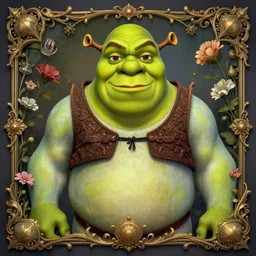 a beautiful detailed front view portrait of shrek with ornate growing around, ornamentation, flowers, elegant, beautifully soft lit, by wayne barlowe, peter mohrbacher, kelly mckernan,