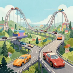 a fantastical world of cars driving on rollercoaster highways illustrated by martin handford