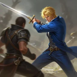 a blonde man in a blue suit swinging a sword at a man, d & d, heartstone, digital painting, volumetric light, intricate, sharp, focus, bloom, illustration, highly detailed, concept art, matte, ruan jia, randy vargas, greg rutkowski