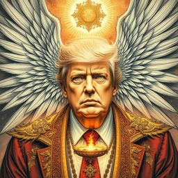 vibrant muted colors, still of a [ angelic seraphim possessed ] [ donald trump ]!!!!, by arthur adams, by tom bagshaw, by henry asencio, by kikuchi hideyuki, by albert bierstadt, visual novel, ink, wall decal, cinematic, insanely detailed and intricate, hypermaximalist, elegant, ornate, hyper realistic, super detailed