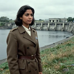 Young Indian woman as a British secret agent next to a dam, film still from James Bond: Goldeneye (1999)