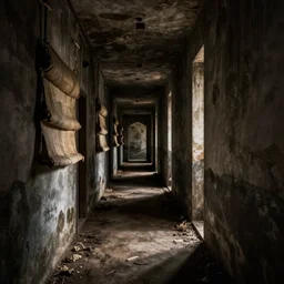 dark hallway, stained wall, sailes, dirty floor,
