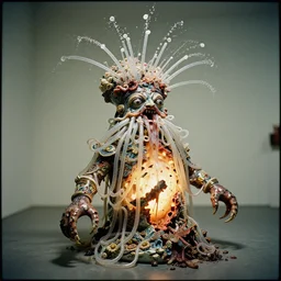 a perfect photograph of an ornately decorated squid sculpture of a haunted, exploding, cuboidal porcelain man, vile saliva jets erupting all over his head and draped in a million plastic tubes over his illuminated, pathetic, bursting swollen fractured ignominious body. 3 5 mm film, studio lighting and gallery quality