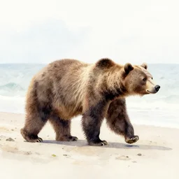 watercolor painting of a bear walking along a beach