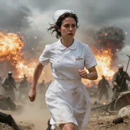 cinematic shot epic portrait an nurse in a white dress and short sleeves running away from explosions, battlefield in backround, cloudy, dust, dirty, wet hair flow, sweaty skin, broad light, ambient occlusion, volumetric light effect, made by ivan aivazovsky, peter mohrbacher, greg rutkowski, matte painting, trending on artstation, 4 k, perfectly defined features, digital painting, cinematic, epic, highly detailed,