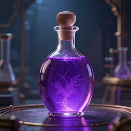 hyper realistic poison bottle, glowing purple liquid inside. back drop is an ancient laboraory. light effect. hyper detailed, item concept, intricate, elegant, fantasy digital painting, artstation, smooth, sharp focus cgsociety masterpiece