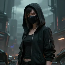 a woman wearing a black hoodie and a black mask, cyberpunk art by Jeremy Geddes, featured on cgsociety, digital art, cryengine, dystopian art, apocalypse art