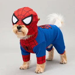 dog wearing spiderman suit