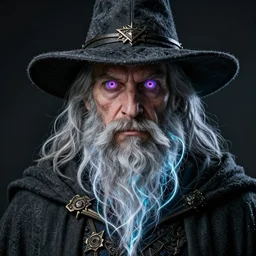 studio portrait photography. medium close up of a rugged wizard with dimensional vortex eyeballs and a flowing electric beard, hat and cape. photorealistic, cinematic, dramatic lighting, intricate details. masterpiece