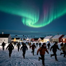 filmic extreme wide shot movie still 4 k uhd exterior shot 3 5 mm film color photograph of a people running in terror around a village in the antarctic at night with the northern lights lighting up the sky and the buildings, in the style of the horror film the thing 1 9 8 2