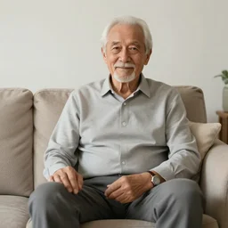 older handsome gentlemen is sitting gracefully on a sofa