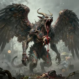 concept art of a impossible big demonic eldritch angel with mismatched animal features with its bloody mouth open wide revealing past victims in the style of zdzisław beksinski in the style of h. r. giger trending on artstation deviantart pinterest furaffinity detailed realistic hd 8 k high resolution