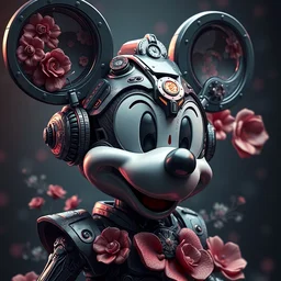 portrait of mickey mouse, robot steampunk, floral! horizon zero dawn machine, intricate, elegant, highly detailed, ray tracing, digital painting, artstation, concept art, smooth, sharp focus, illustration, art by artgerm and greg rutkowski and alphonse mucha, 8 k