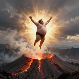 fat man jumping into volcano