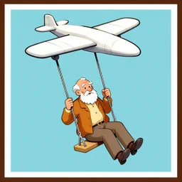 an old man on a swing with a plane on top of him, a cartoon by rube goldberg, trending on shutterstock, neoism, poster art, isometric, 2 d