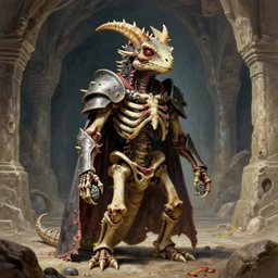 A little vibrant. A spiked horned detailed reptile-semihuman skeleton with armored joints stands in a large cavernous citadel with a pebble in hands. Wearing massive shoulderplates, cloak. Extremely high details, realistic, fantasy art, solo, masterpiece, bones, ripped flesh, colorful art by Zdzisław Beksiński, Arthur Rackham, Dariusz Zawadzki, Harry Clarke
