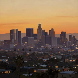 skyline of los angeles painted by bob ross, realistic, sunset, mysterious,