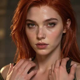 epic masterpiece young ginger cindy crowford, sweaty skin, hyperrealistic, octane render, cinematic, beautiful face and flawless skin, perfect hands, 5 fingers, by edgar maxence and ross tran and michael whelan, legends of runeterra