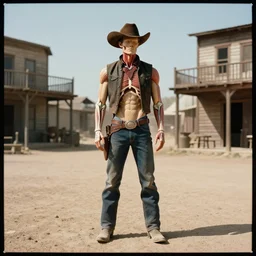 Amazing digital concept art of an anatomical model without skin in a cowboy outfit, standing in a dusty old western town, by James Clyne. Cinematic. 85mm lens, 35mm film, Fujifilm Reala, f4.