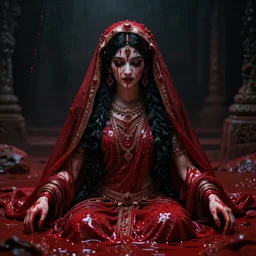 beautiful Hindu goddess of the dark with veil, in darkness, cover with a lot of red water, horror terrifying, surreal realistic, photorealistic, hyper details, full HD, 8k!