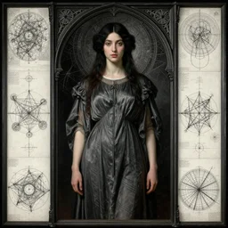Symmetric Pre-Raphaelite painting of a beautiful mystic woman with dark hair in a very detailed silk dark grey dress by John William Waterhouse, zoomed out, surrounded by a dark gothic frame of highly detailed mathematical drawings of neural networks and geometry by Doré,  highly detailed mathematical drawings of geometry by HG Giger