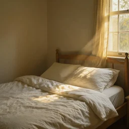 the sunlight rays of golden hour shine upon a peaceful bedroom. still life., by camille corot