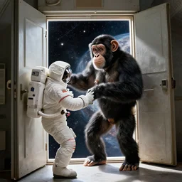 photo - realism, space chimpanzee and astronaut opening door that shows space and time inspired by sisthine chapel, with extra detail, epic.