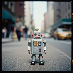 kodak portra 4 0 0, wetplate, colour portrait by saul leiter of a tiny photoreal tin toy robot standing in a busy new york street, tiny gaussian blur, insanely detailed, insanely intricate, insanely beautiful, depth of field, sun, wide aperture, color photography