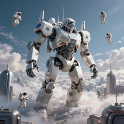 a photo of monolithic mech reaching through the clouds towering over astronauts in a futuristic city, ultra realistic, hyper - detailed, unreal engine, raytraced lighting,