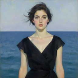 woman on black dress, part leyendecker style, sea behind, pretty face, part dean cornwell style