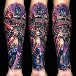 decepticon and transformers battle collage leg sleeve tattoo, intricate, symmetrical, lazer blast, sharp, high detailed, high contrast, 1 st winner, trending, polkadot!!! grunge!!! purple!! black!! red!!