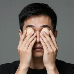a man with eggs for eyes, studio portrait lighting