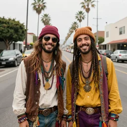 a street in los angeles with 2 happy hippy's in 1 9 7 1. 7 0's color 4 k