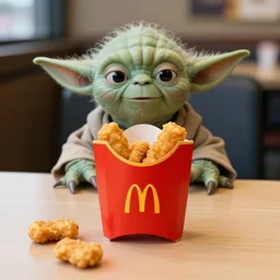 yoda, screaming, yoda sitting behind a table inside mcdonald's, small red cardboard box on table, yellow m logo on box, chicken mcnugget 3 5 mm, f / 2. 8