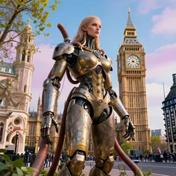 a giant ancient beautiful cyborg of the elder gods with pipes and tubes in the city of London, an image of a beautiful cyborg, a beautiful cyborg, a cyborg,  London streets with one bigben in the background, colourful, dramatic lighting, spring time, very detailed octane render very realistic beautiful