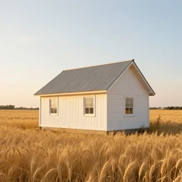 a beautifully lit surreal cabin in a wheat field, sunlit, crepuscular rays, intricate, detailed