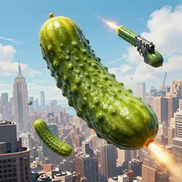 highly detailed colossal pickles flying over new york city, there are guns on the outside of the pickles that are firing projectiles down upon the city, 4 k