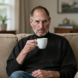 A high definition photo of Steve Jobs drinking a cup of coffee on a couch in his living room, hyperdetailed, artstation, digital art, photorealism, accurate, 8k,